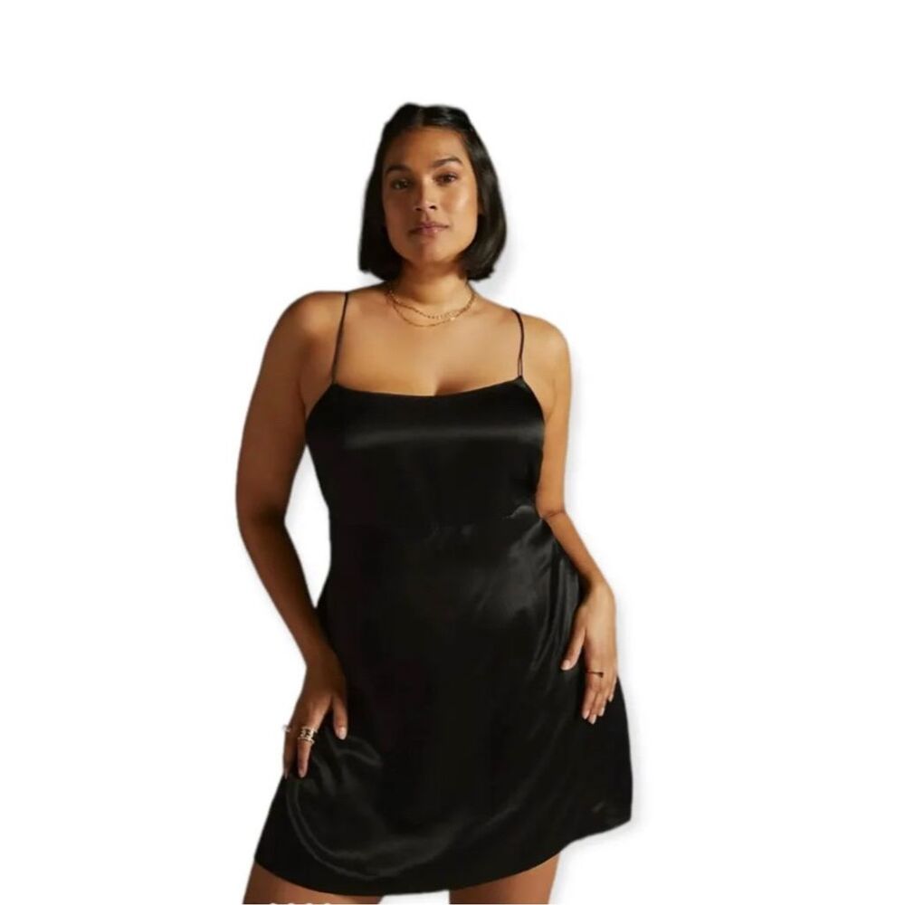Anthropologie Black Satin Mini Slip Dress
